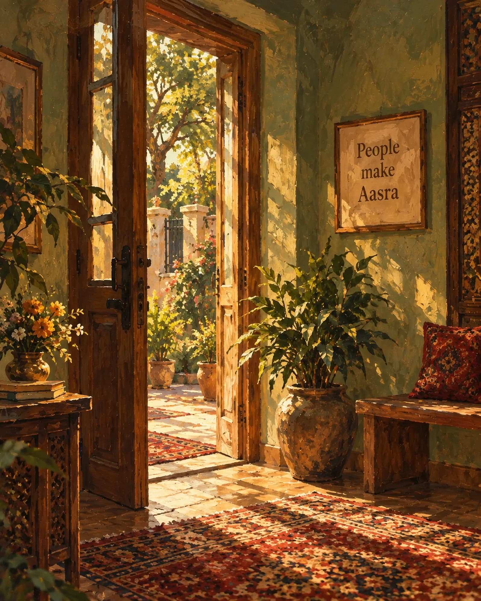 Illustration: Aasra's room looking out through an open door to a sunlit garden, a patterned rug and a bench inside, a small framed sign on the wall reading “People make Aasra”