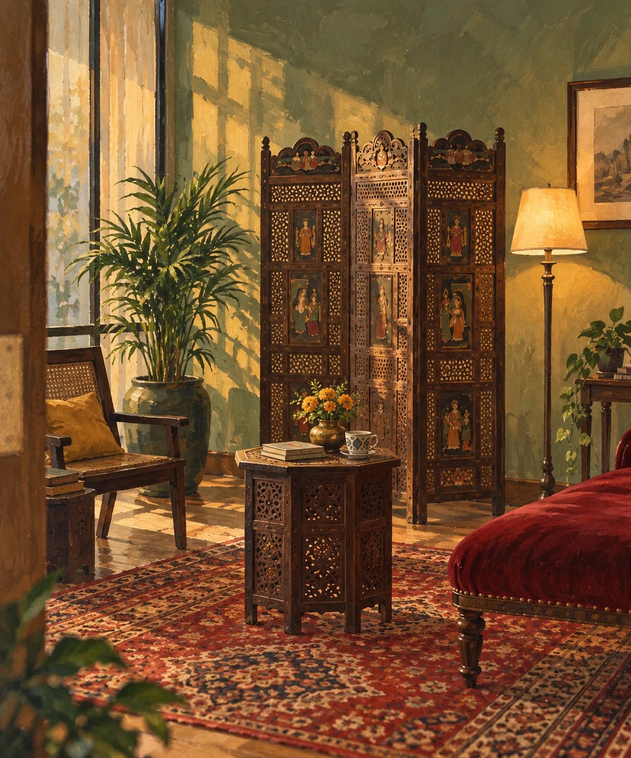 Illustration of Aasra's room in Fresno: a carved screen and a low inlaid table on a red rug, a lamp lit beside them, late afternoon light through the blinds